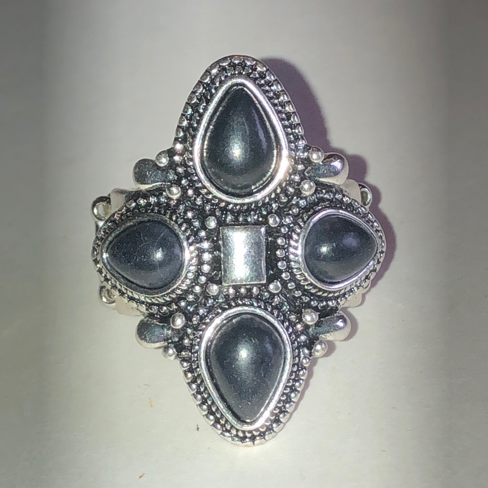 Silver Tone Black Faux Stone Teardrop Cluster Ring